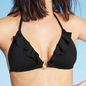New XS Shade & Shore Black Ruffle Gold Ring Bikini Top